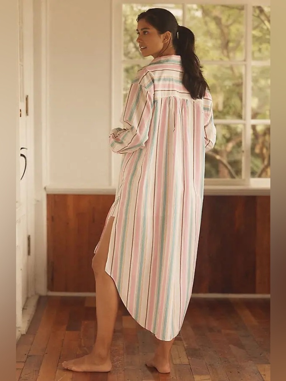 LYREBIRD Long Sleeve Button Down Tunic Top Striped Shirt Dress XS S Coverup Swim